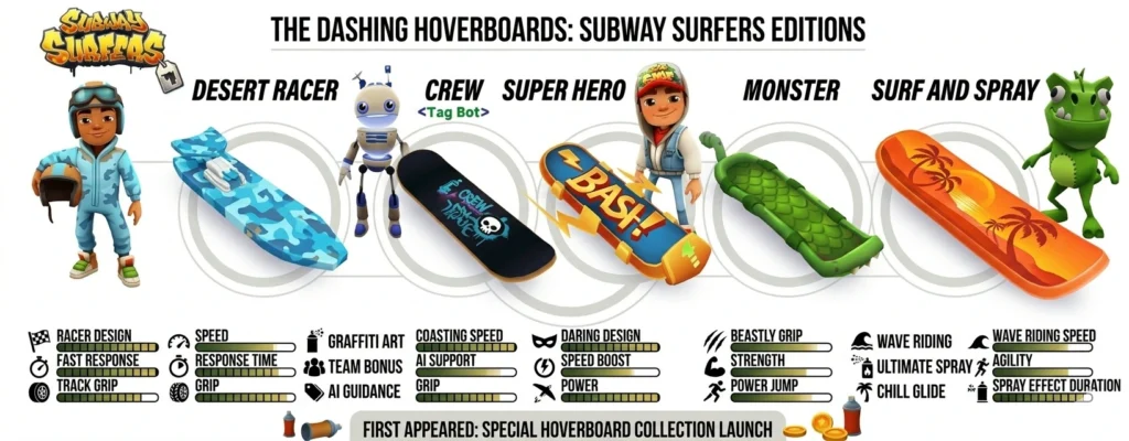 Dashing hoverboard: Desert racer, crew, superhero and monster surf and spray