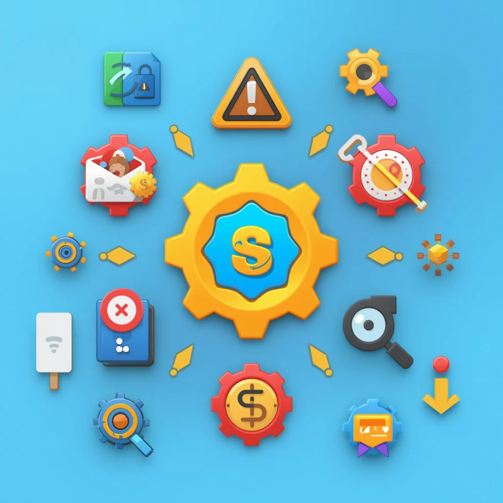 Subway Surfers troubleshooting concept, iOS settings icon, warning symbols, certificate icons, developer profile badge, error alert symbols,